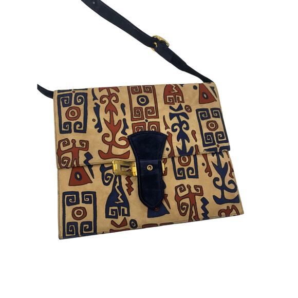 Saks Fifth Avenue Black Multicolor Suede Print Buckle Closure Purse - Picture 7 of 14